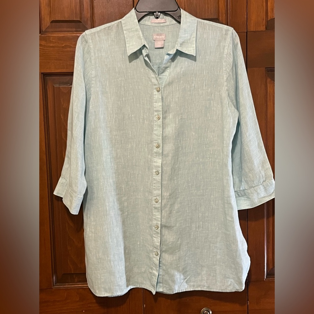Chico's Light Aqua Button-Down Linen Shirt